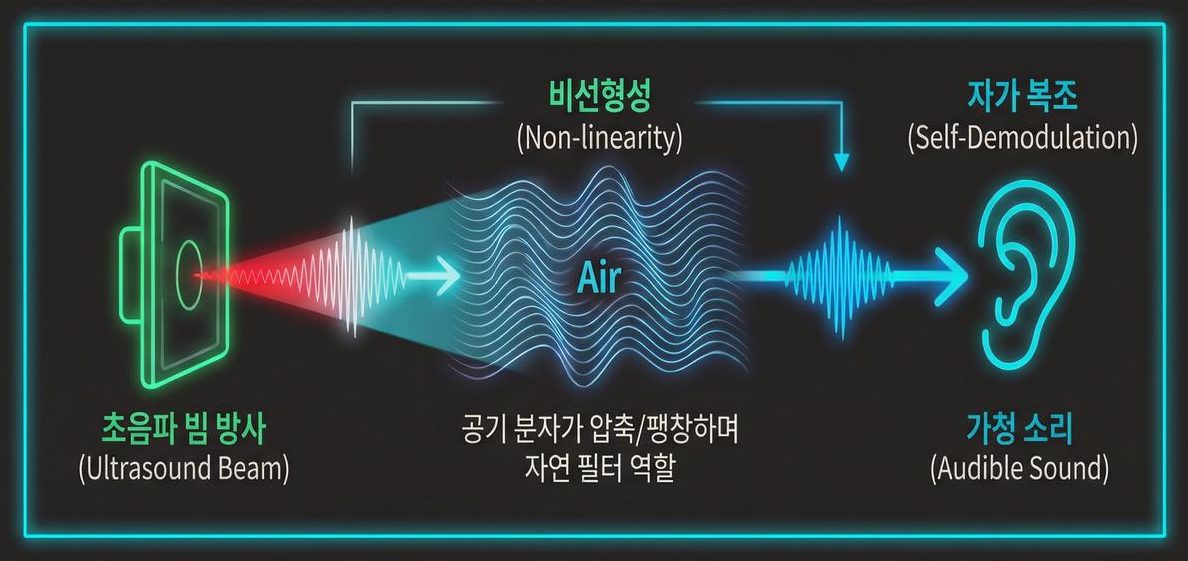 파라메트릭 어레이 동작 개념도 — 초음파 빔 방사, 공기의 비선형성, 자가 복조(Self-Demodulation)를 거쳐 가청 소리로