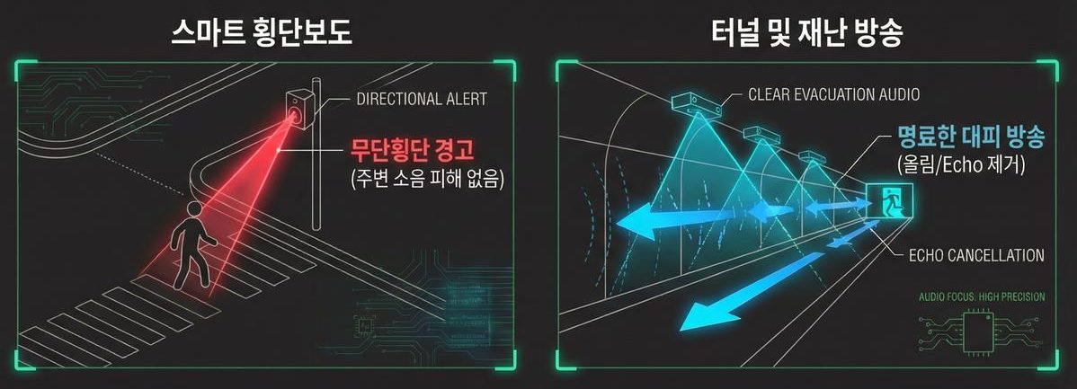 스마트 횡단보도의 방향성 경고와 터널 재난 방송의 에코 제거 개념도
