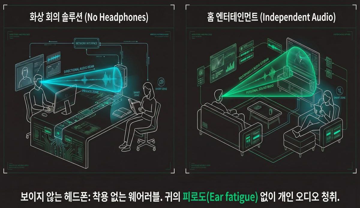 화상 회의(헤드폰 없이)와 홈 엔터테인먼트(독립 오디오)에 적용된 지향성 오디오 빔