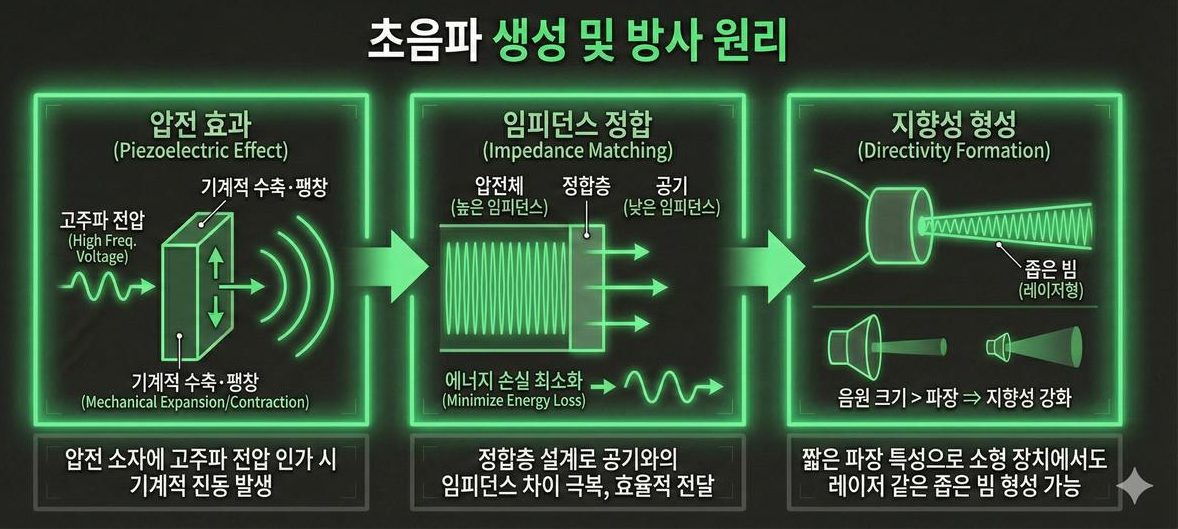 초음파 생성·방사 원리 — 압전 효과, 임피던스 정합, 지향성 형성의 3단계