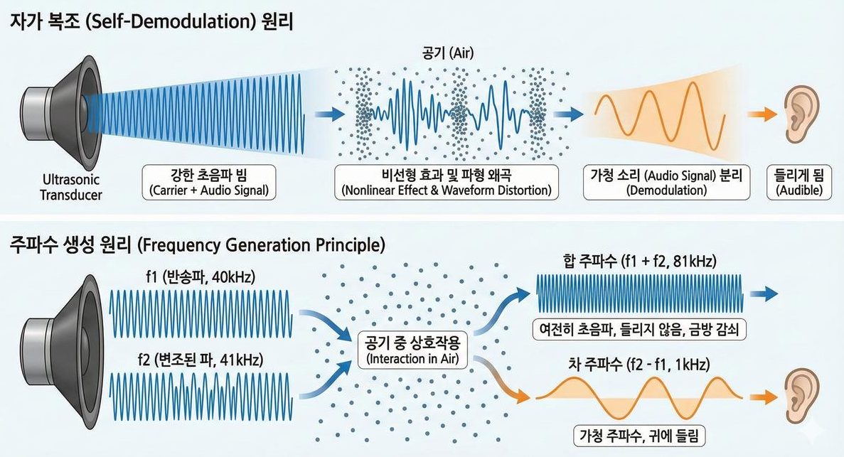 자가 복조 원리와 주파수 생성 — 40kHz 반송파와 41kHz 변조파가 공기 중 비선형 상호작용으로 1kHz 차 주파수를 만든다