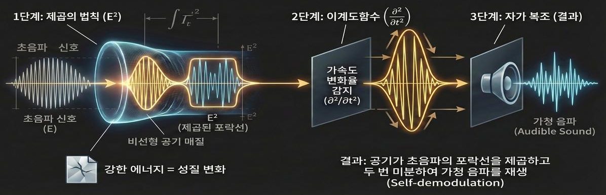 자가 복조의 3단계 — 초음파 포락선의 제곱(E²), 이계도함수(∂²/∂t²), 가청 음파 재생