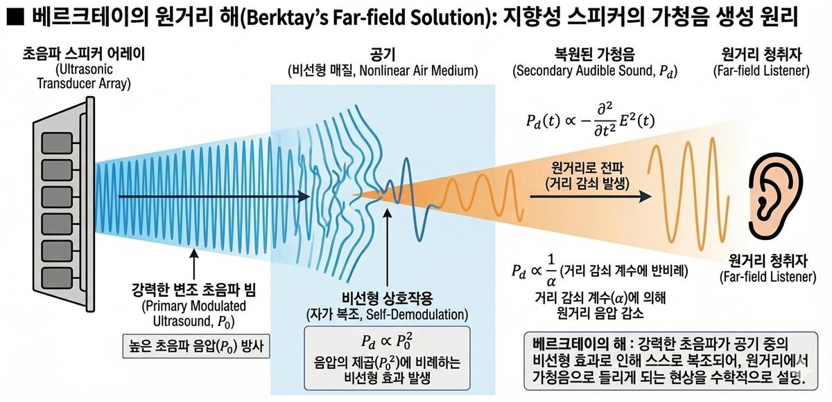 Berktay 원거리 해 개념도 — 변조 초음파(P0)가 비선형 상호작용을 거쳐 원거리 가청음(Pd ∝ ∂²/∂t² E²)으로 복원되는 과정
