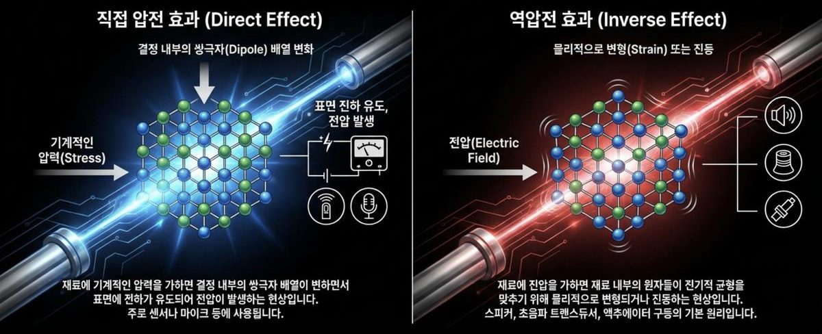 직접 압전 효과(압력→전압)와 역압전 효과(전압→변형)의 결정 구조 개념도