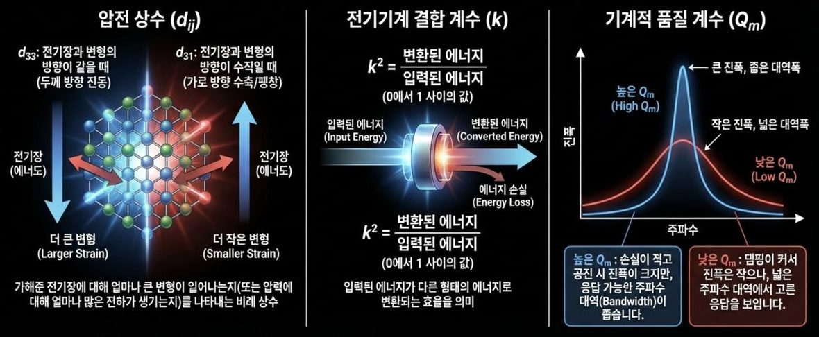 압전 공학 파라미터 — 압전 상수 d_ij, 전기기계 결합 계수 k, 기계적 품질 계수 Qm