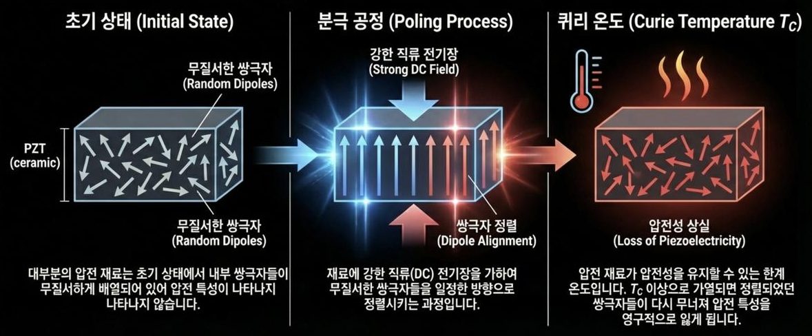 PZT 분극 공정 — 무질서한 쌍극자를 강한 DC 전기장으로 정렬, 퀴리 온도를 넘으면 압전성 상실