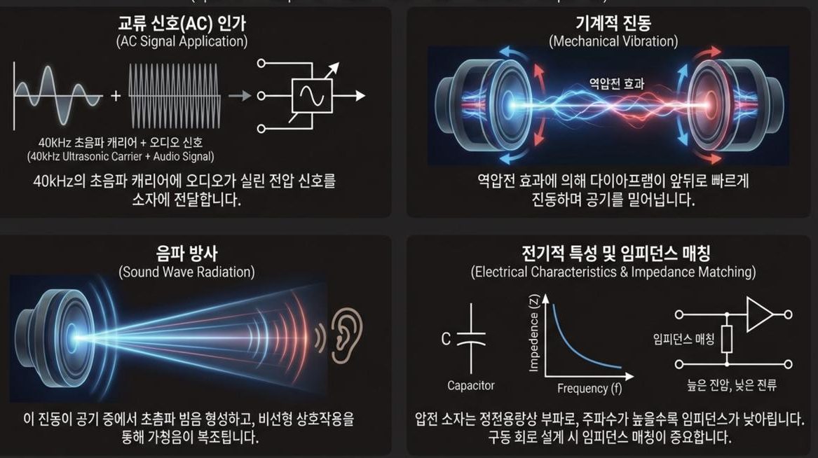 압전 스피커의 동작 — 40kHz 캐리어+오디오 AC 인가, 역압전 진동, 음파 방사, 임피던스 매칭