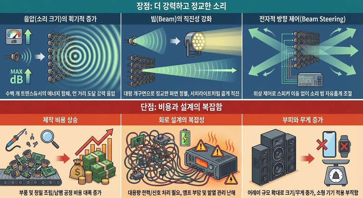 트랜스듀서 배열의 장단점 — 음압 증가·직진성·빔 스티어링 vs 비용·회로 복잡성·부피 증가