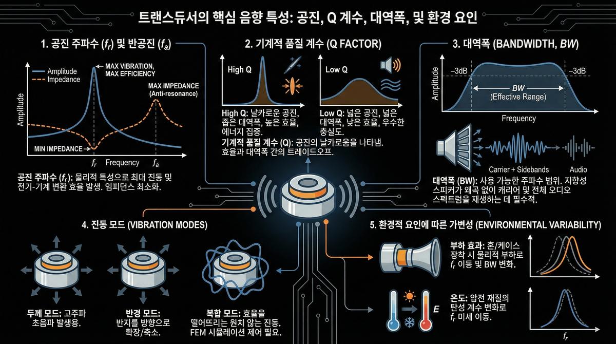 트랜스듀서의 핵심 음향 특성 — 공진 주파수와 반공진, Q 계수, 대역폭, 진동 모드, 환경 가변성