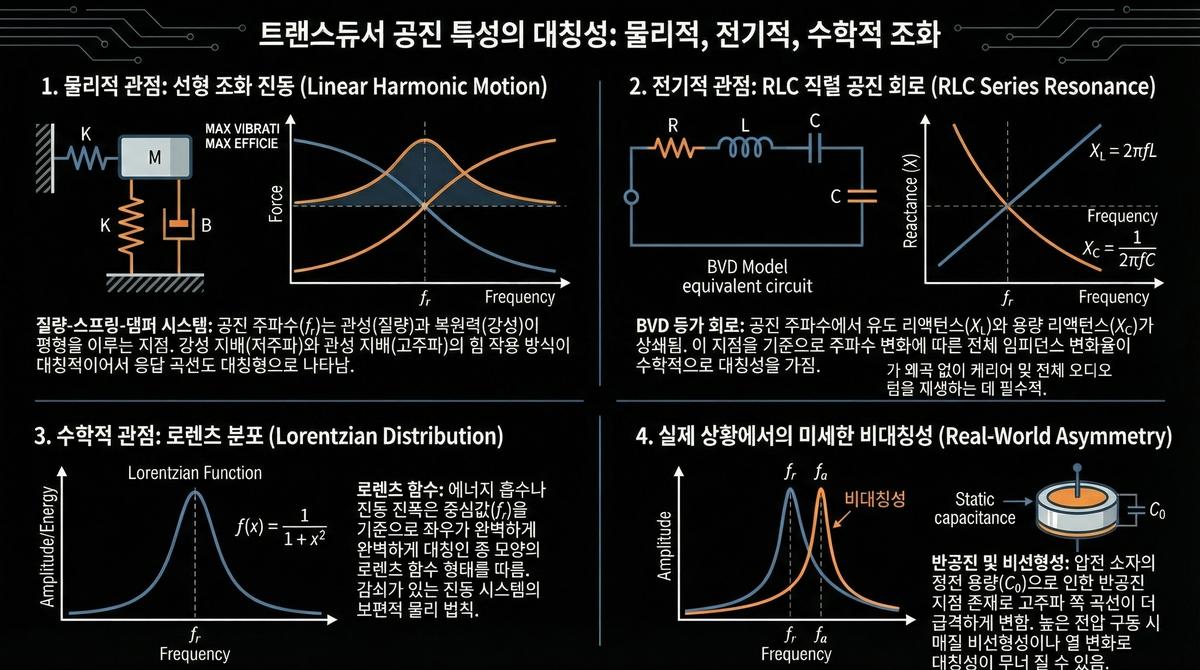 공진 특성의 대칭성 — 질량-스프링-댐퍼, RLC 등가 회로(BVD), 로렌츠 분포가 같은 대칭 곡선을 그린다