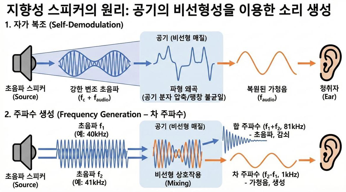 지향성 스피커 원리 종합 — 자가 복조(파형 왜곡→가청음 복원)와 주파수 생성(40kHz+41kHz→1kHz 차 주파수)